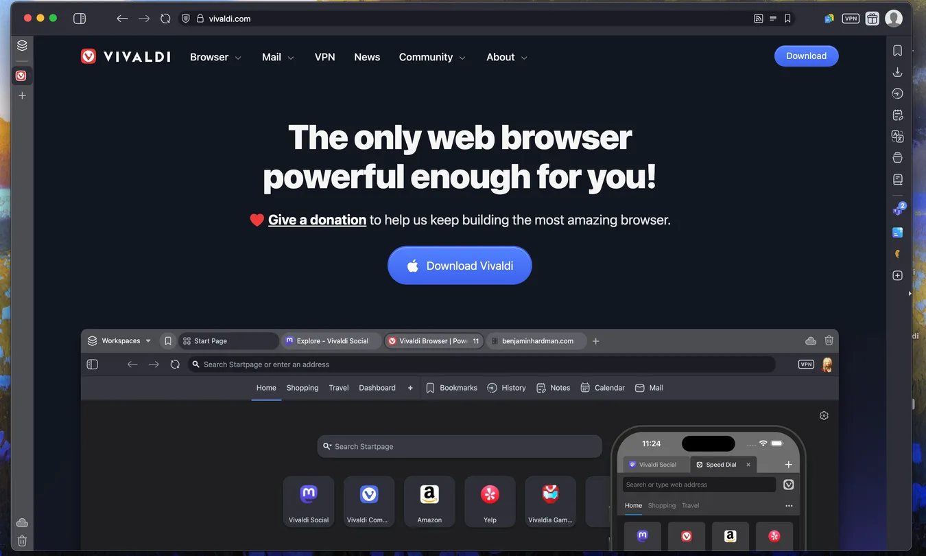 screenshot of the Vivaldi hompage in the Vivaldi broswer