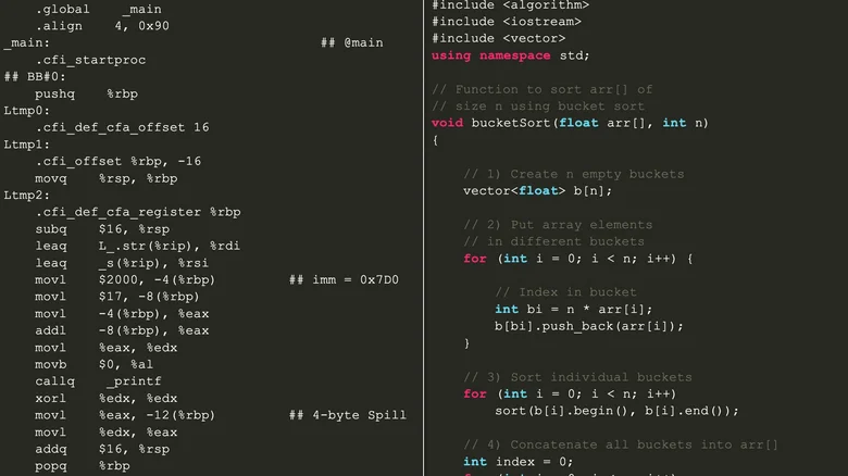 side-by-side screenshots showing C++ and assembly