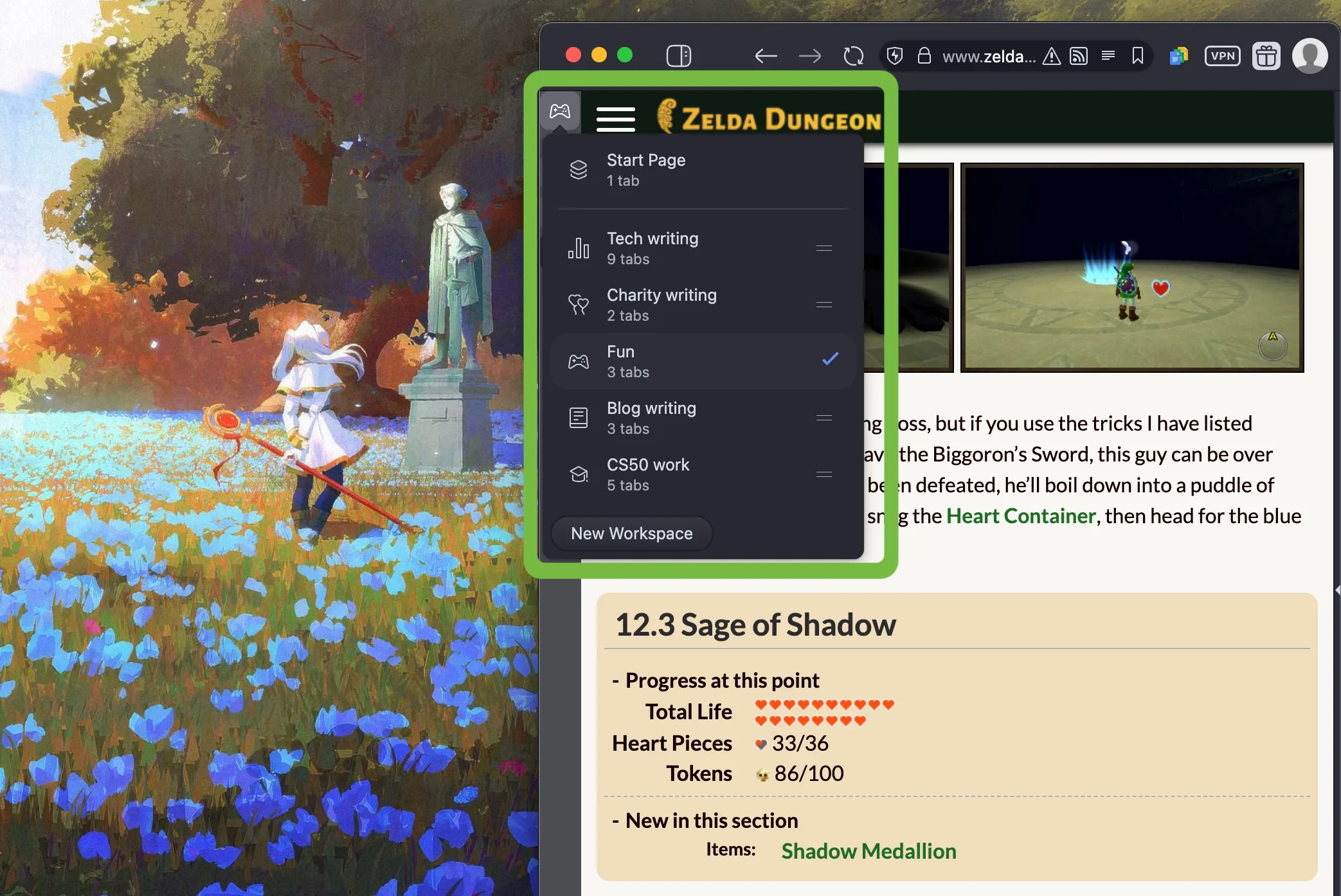 screenshot of the Workspaces feature in action
